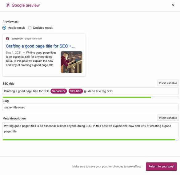 หน้า Google Preview ใน Yoast SEO