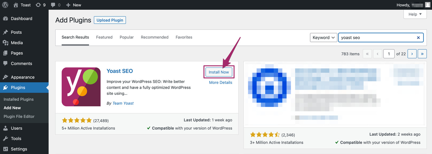 คลิก Install Now Yoast SEO